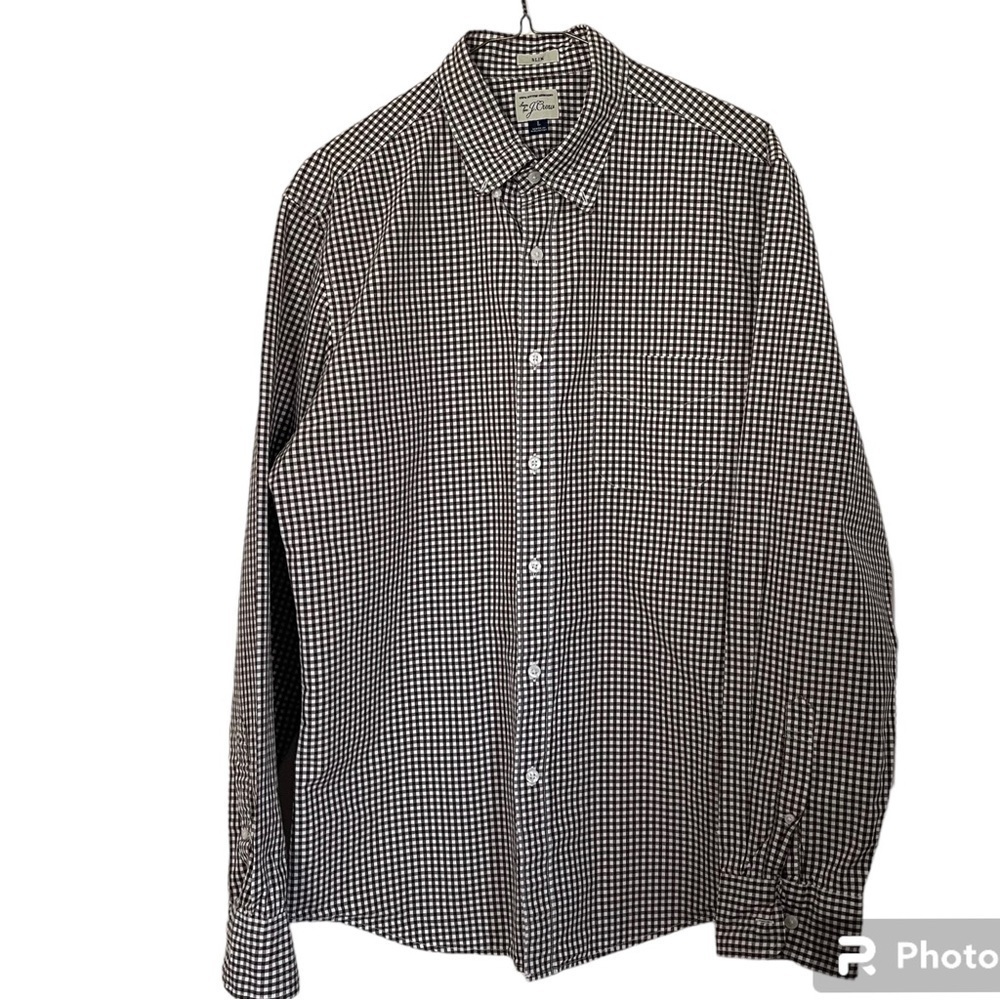 J Crew Shirt Button Down 100% Cotton Brown & White Gingham Slim Fit Size L